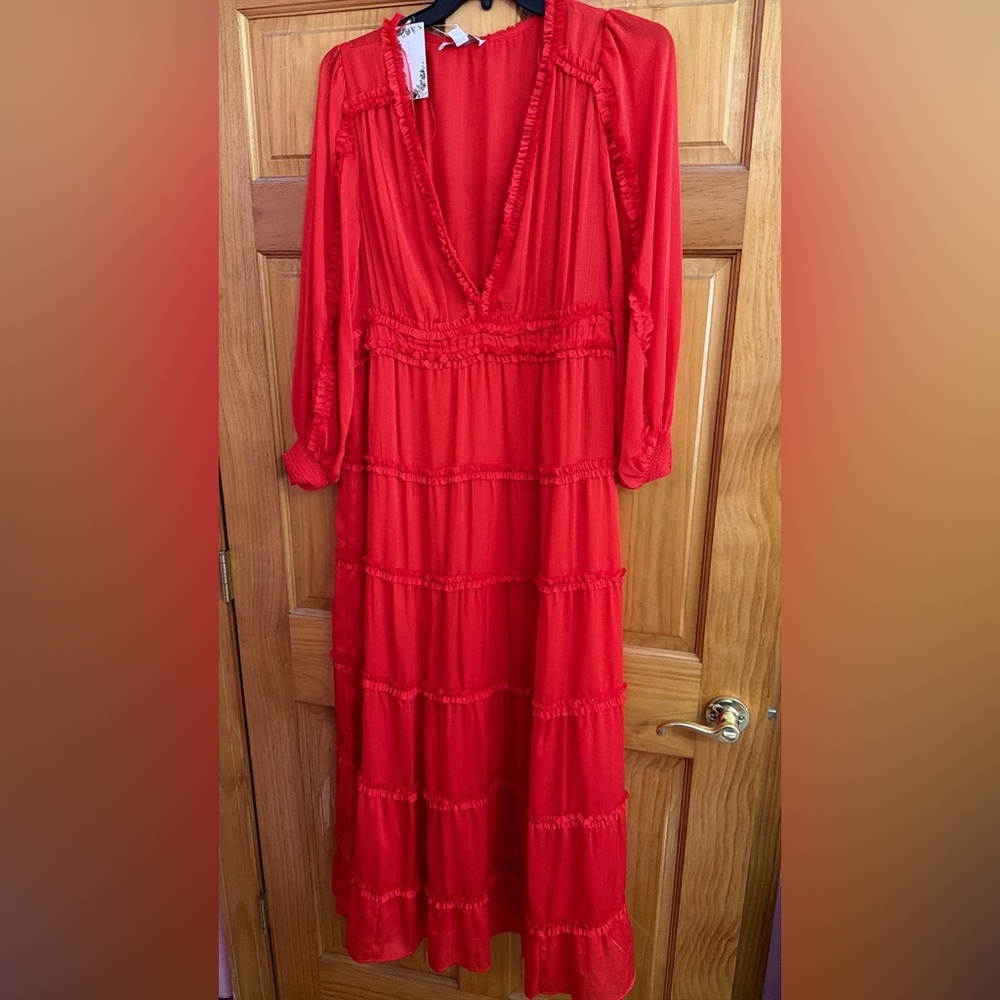 Chelsea & Violet Red V-Neck Tiered Long Sleeve Maxi Dress